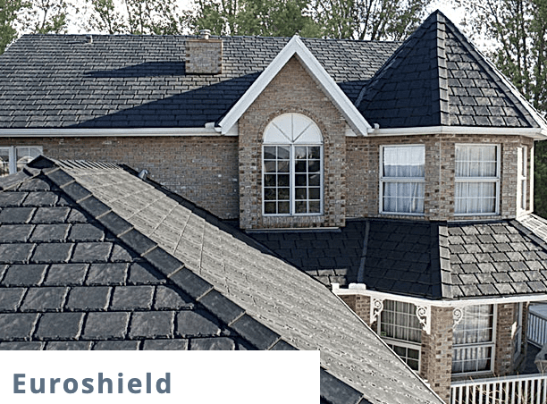 light gray stone home with black roofing and white trim and euroshield logo in the bottom left