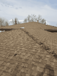 dark brown layered shingles on a roof with overcast sky in the background