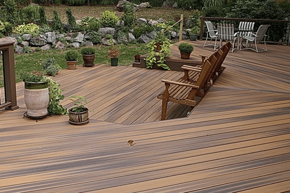 Light and dark brown deck with potted plants and deck chairs