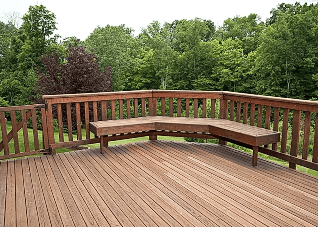 light and dark brown wooden deck with a built in bench