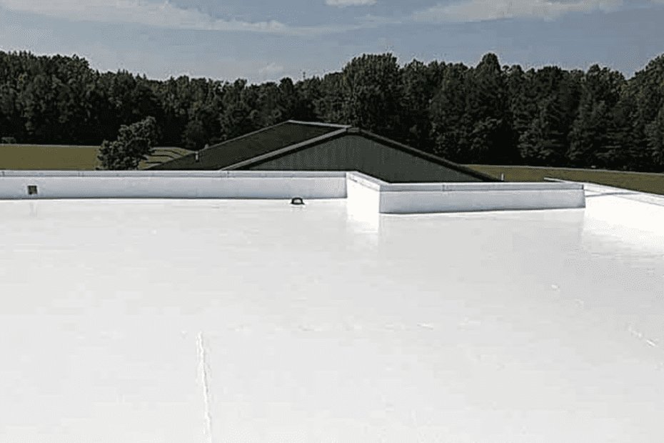 White commercial roof with trees in the background