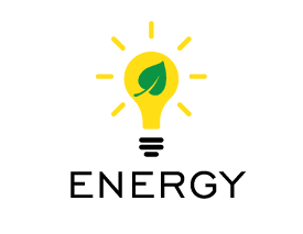 yellow light bulb icon with a green lead in the middle above the word energy