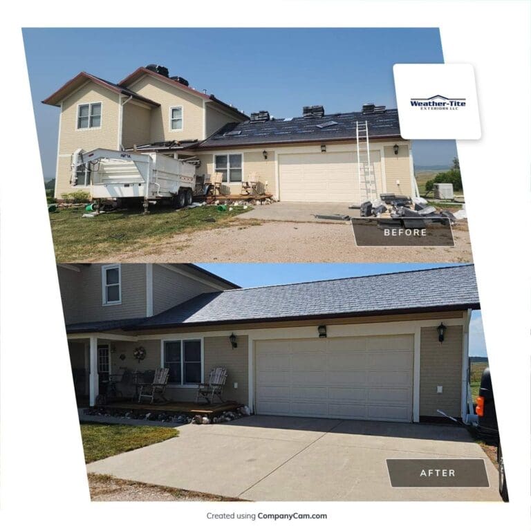 Before and after of home in need of roof repairs.