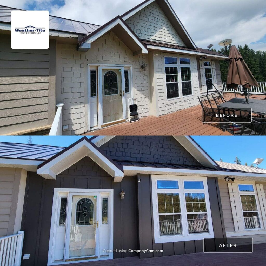 Before Pictures of White house with outdated siding, followed by after picture with brand new black siding.